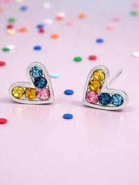 18K White Gold Plated Heart Stud Earrings Colorful Zircon Stainless Steel Dainty